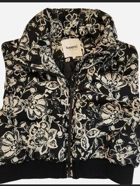 &merci Black & Cream Floral Quilted Zip Up Jacket Medium EUC